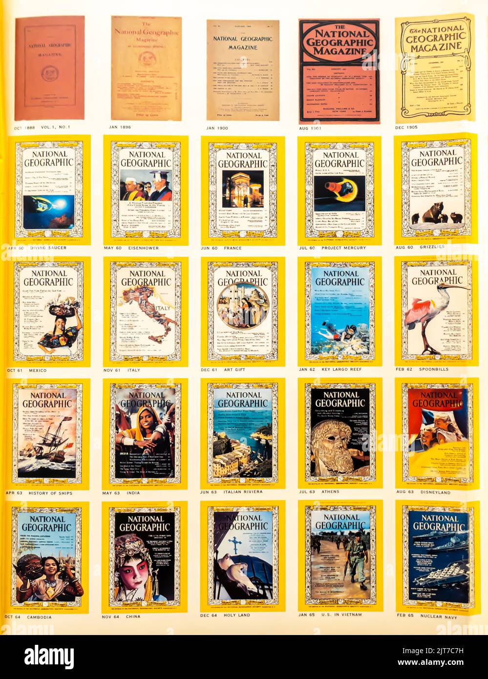 National Geographic magazines covers on a first page in a NatGeo digest collecting all editions. 1888-1965 Stock Photo