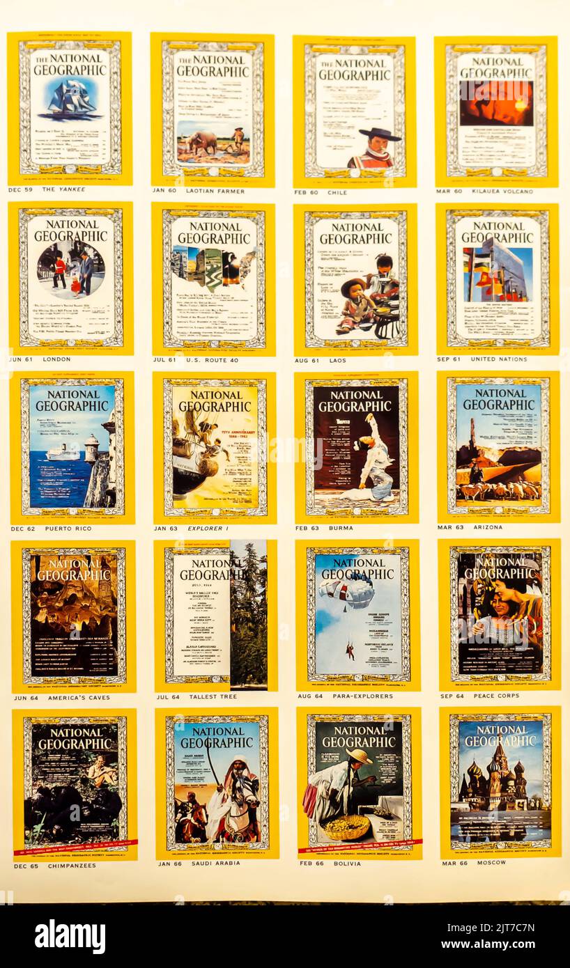 National Geographic magazines covers on a page in a NatGeo digest collecting all editions. 1959-1966 Stock Photo