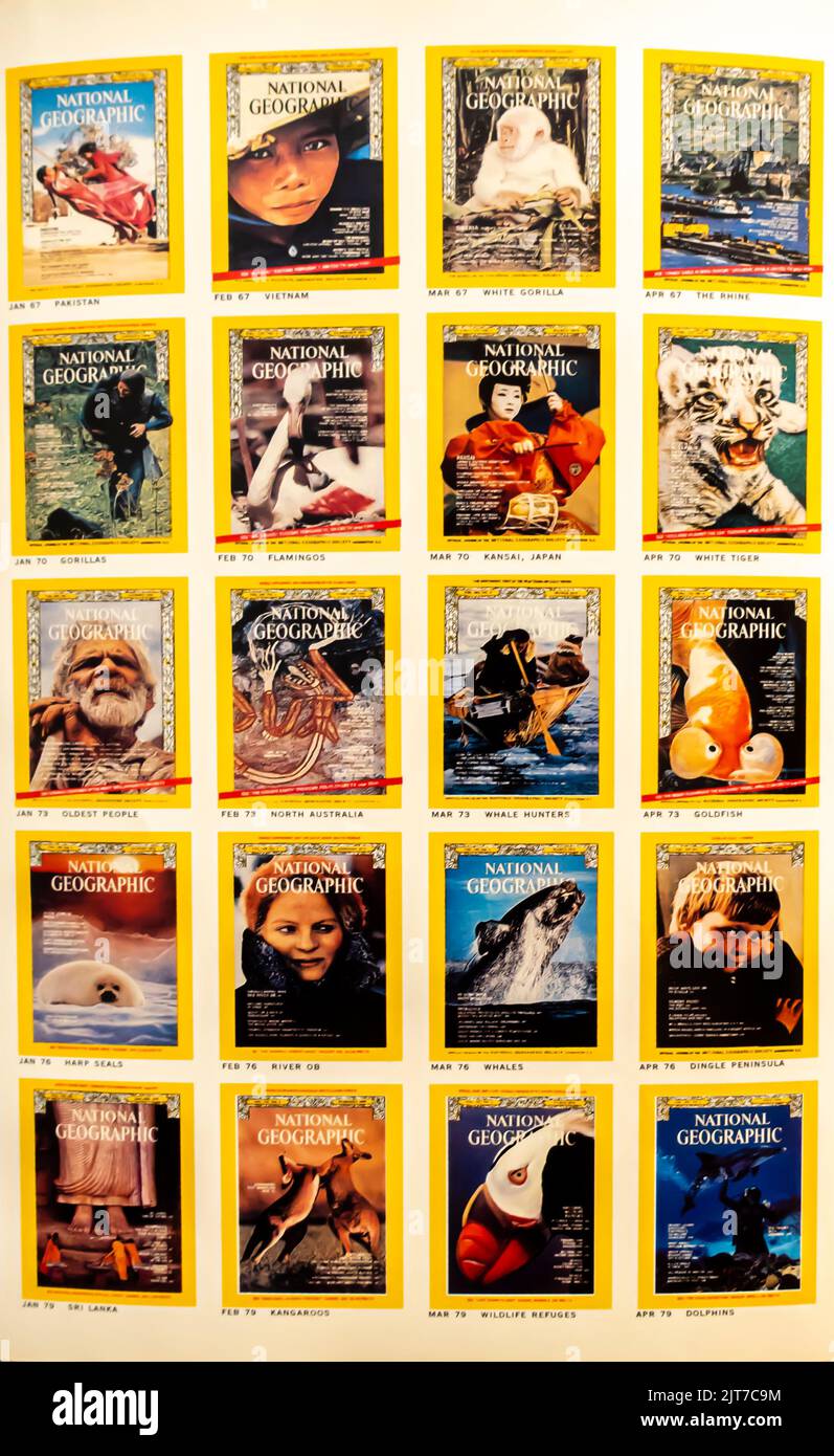 National Geographic magazines covers on a page in a NatGeo digest collecting all editions. 1967-1979 Stock Photo