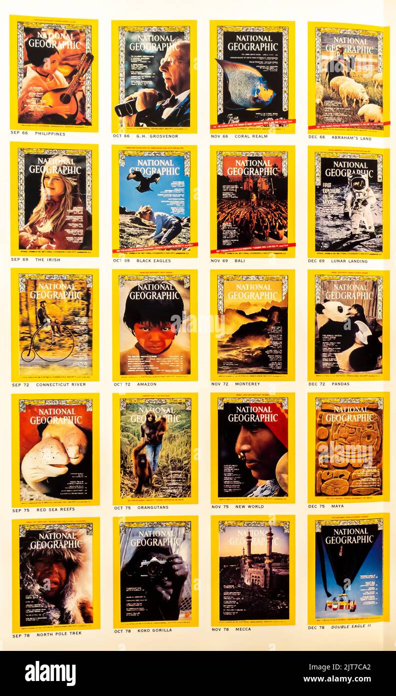 National Geographic magazines covers on a page in a NatGeo digest collecting all editions. 1966-1978 Stock Photo