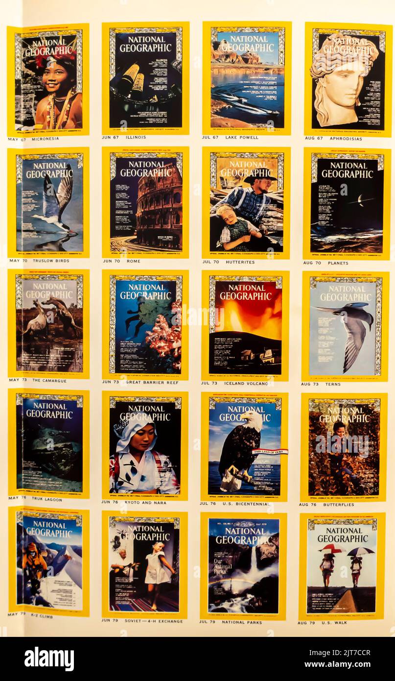 National Geographic magazines covers on a page in a NatGeo digest collecting all editions. 1967 - 1979 Stock Photo