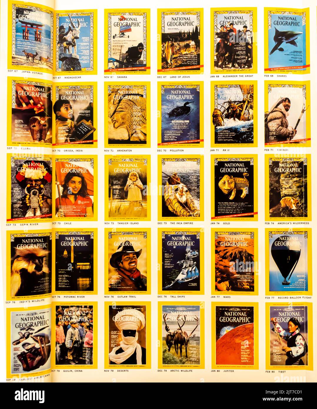 National Geographic magazines covers on a page in a NatGeo digest collecting all editions. 1967 - 1980 Stock Photo