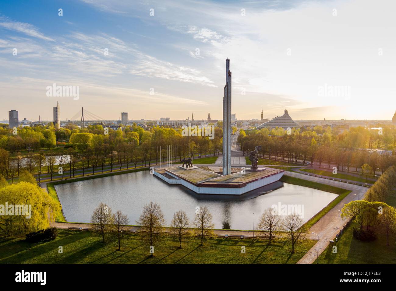 Aerial view of Victory monument of soviet army on sunny spring morning, Riga, Latvia. Stock Photo
