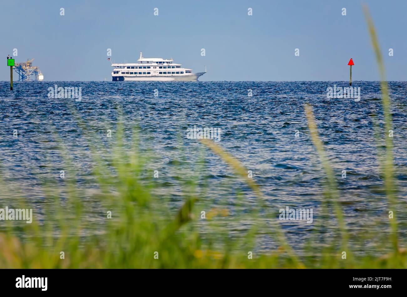 The passenger cruise ship, Yacht StarShip I, sails across the Gulf of Mexico, Aug. 27, 2022, in Dauphin Island, Alabama. Stock Photo