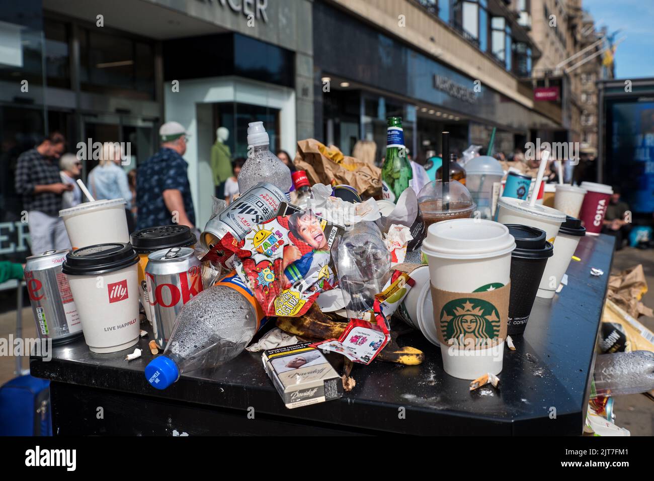 Overflowing litter bins on Princes Street due to industrial action by Edinburgh council workers