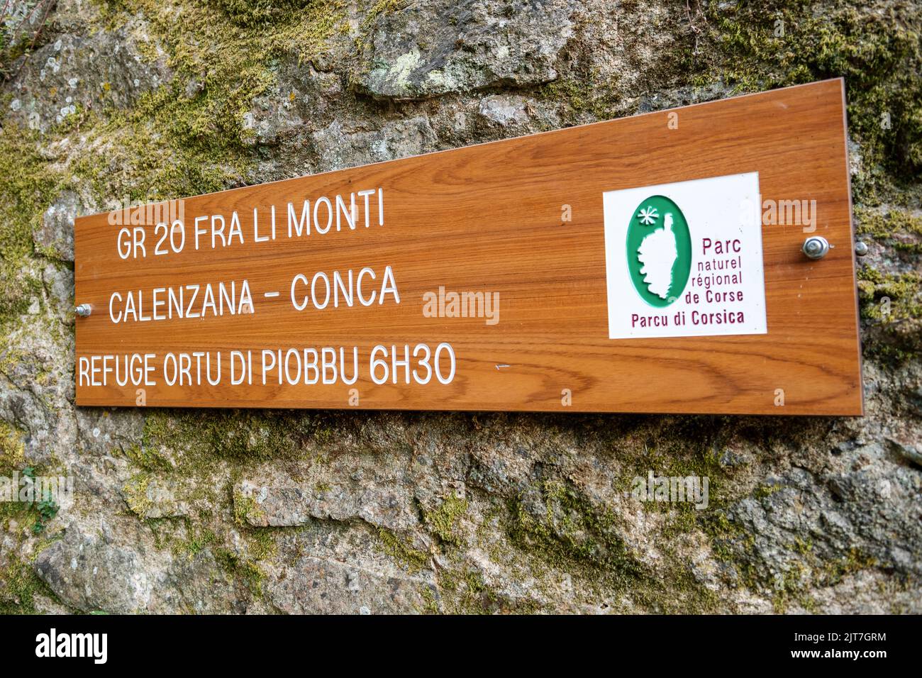 Sign at the start of the GR20 Fra Li Monti in Calenzana, Corsica, France Stock Photo