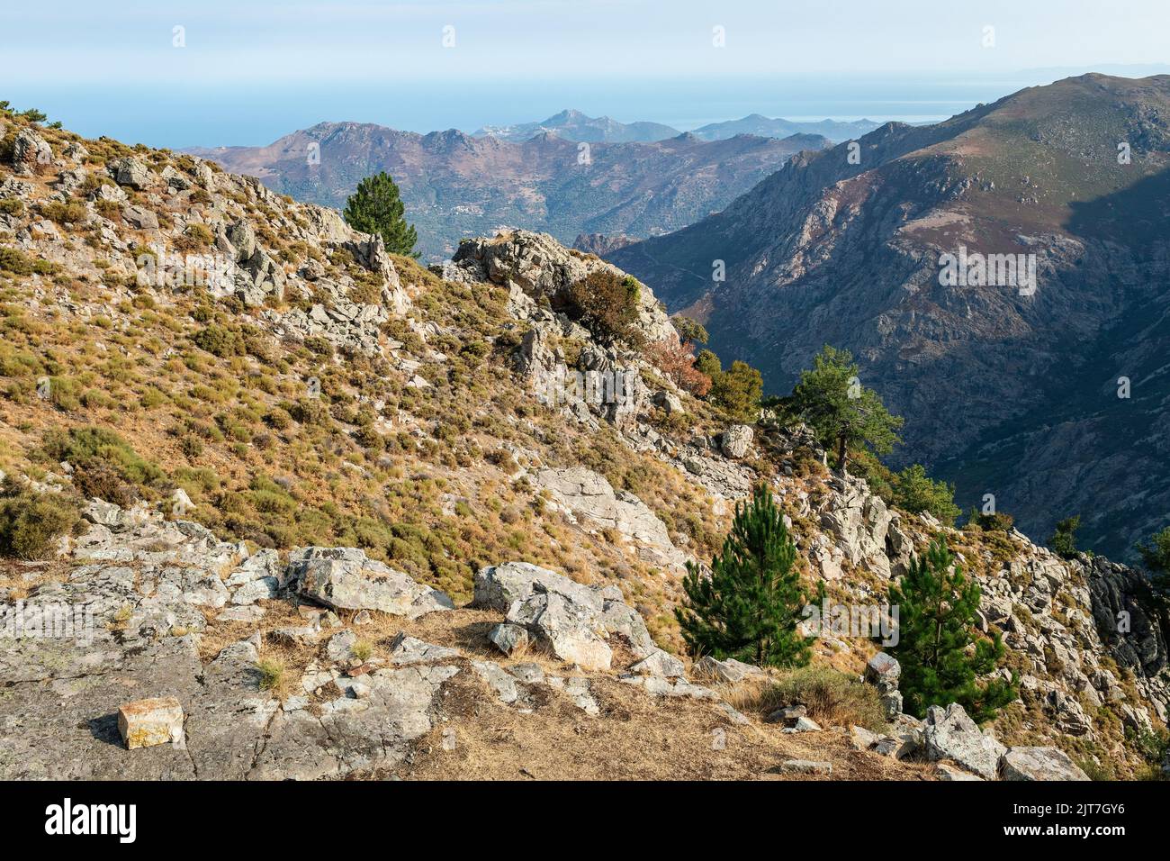 Mountains and sea view, GR20 between Calenzana and Ortu di u Piobbu, Corsica, France Stock Photo