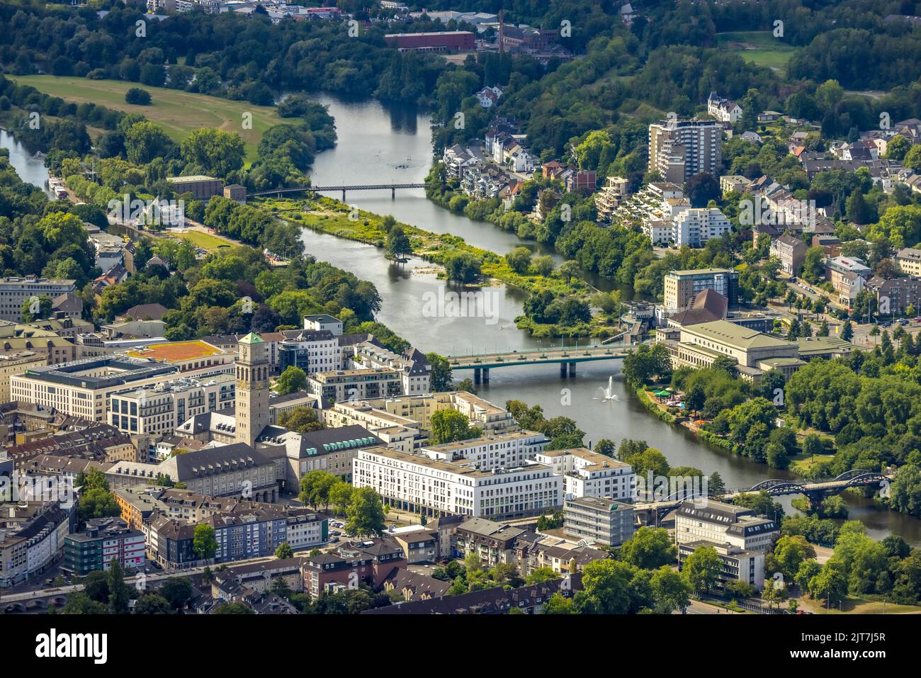 Aerial view, city hall and city hall tower, castle bridge, river Ruhr ...