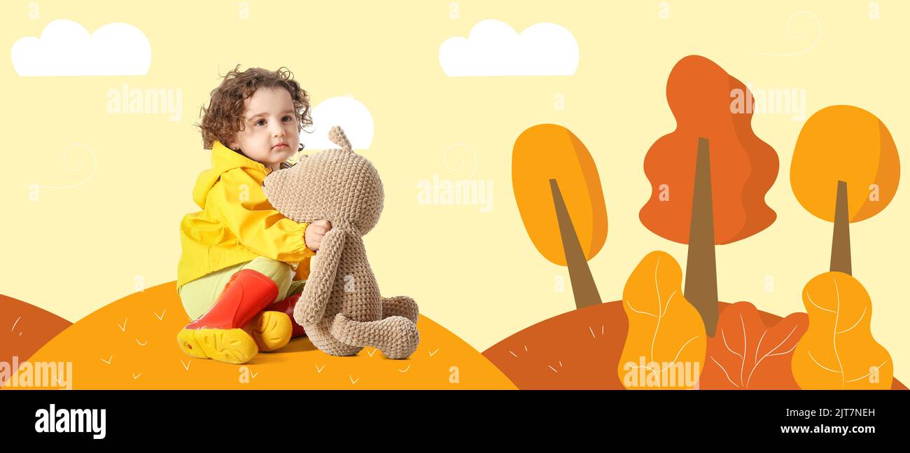 Cute baby with teddy bear in drawn autumn forest Stock Photo - Alamy