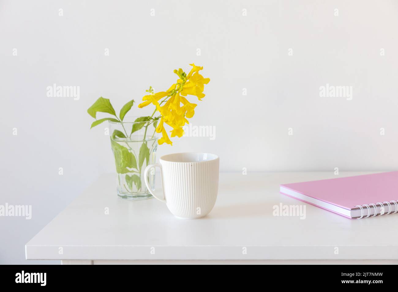 A pink notebook with springs, a white coffee mug, Dresser. Minimalism. Seventies style. Stock Photo