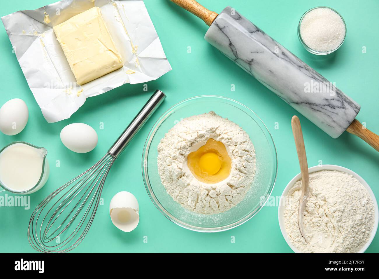 Set of ingredients and utensils for baking on color background Stock ...