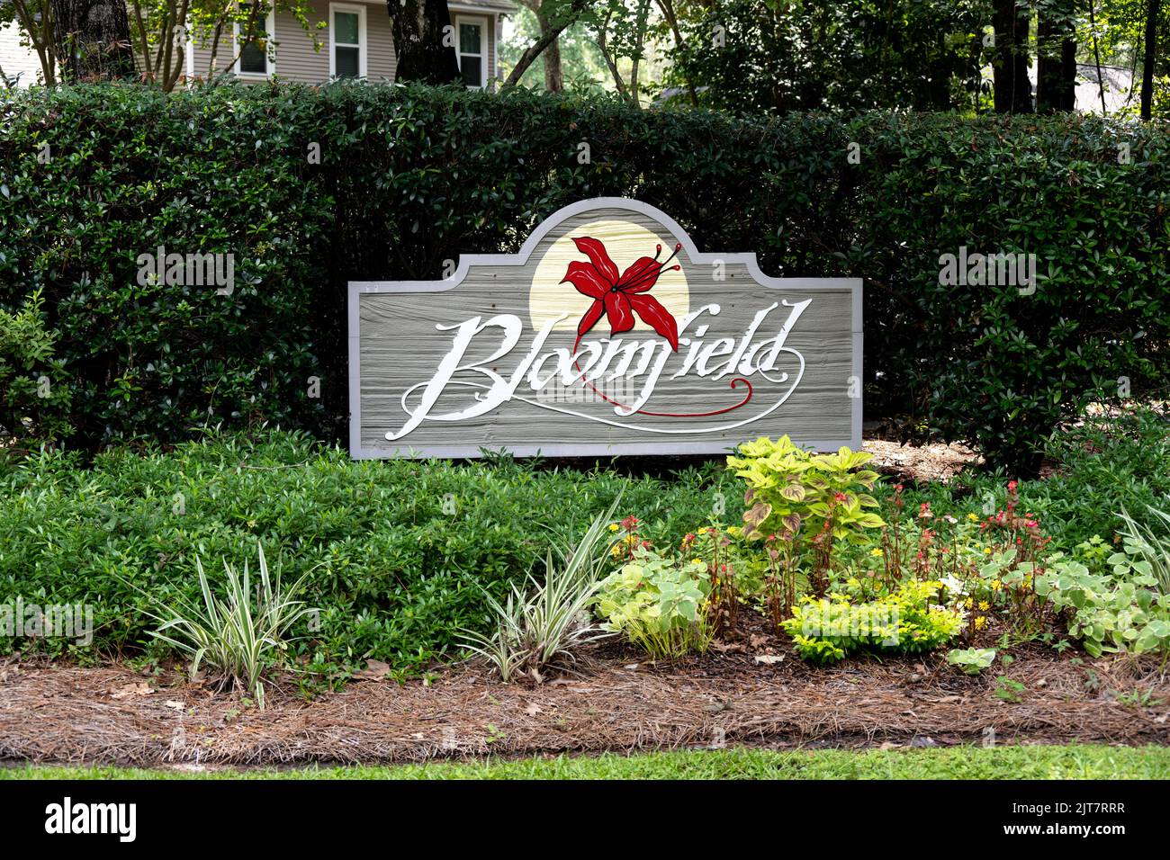 A sign for the Bloomfield subdivision of Crowfield Plantation Stock Photo