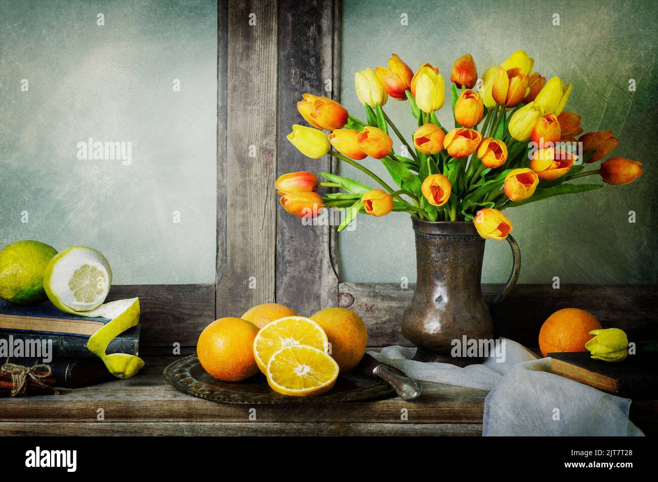 Classic still life with bouquet of tulips flowers placed with fresh ...