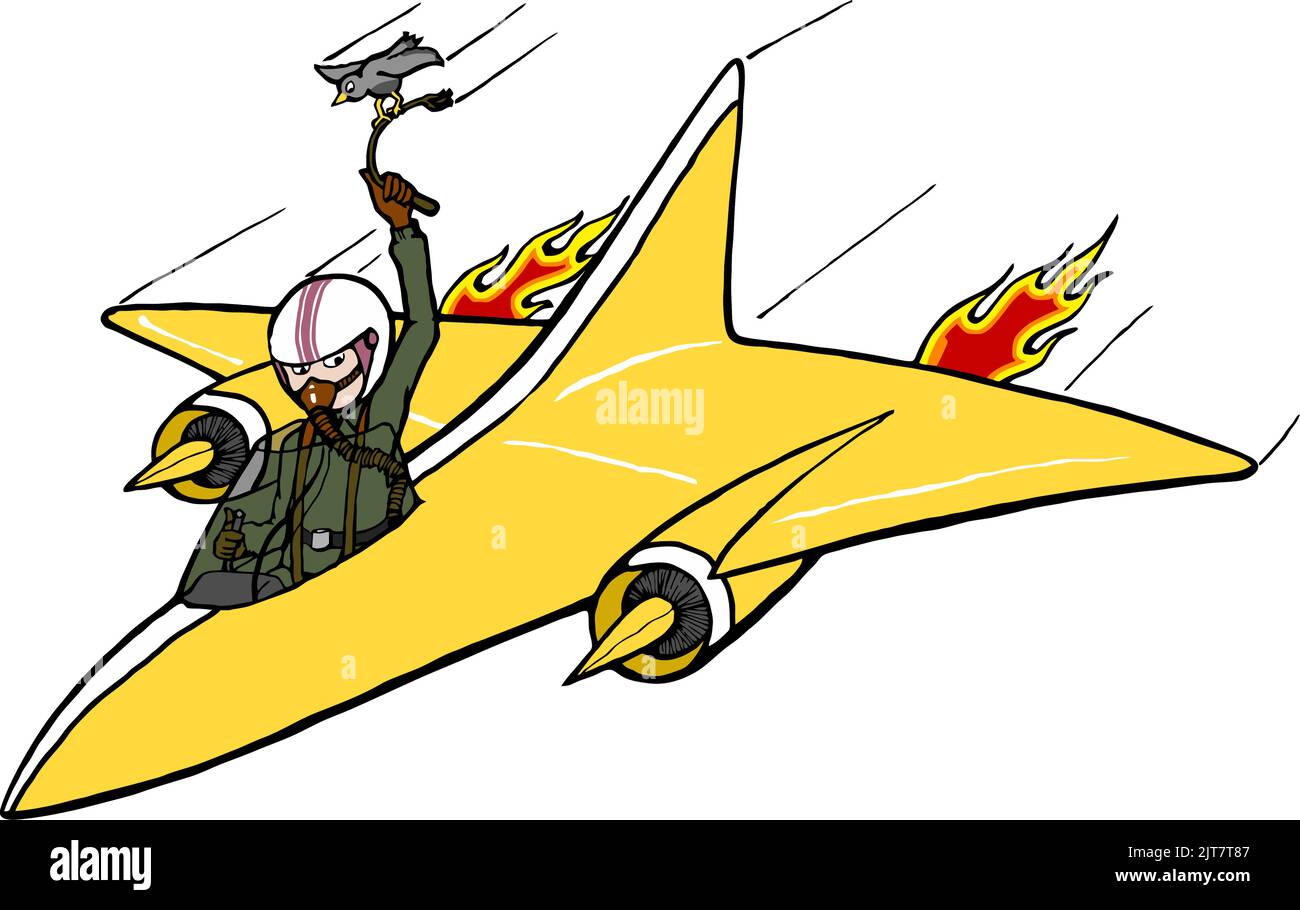 yellow cartoon jet plane with girl pilot Stock Vector