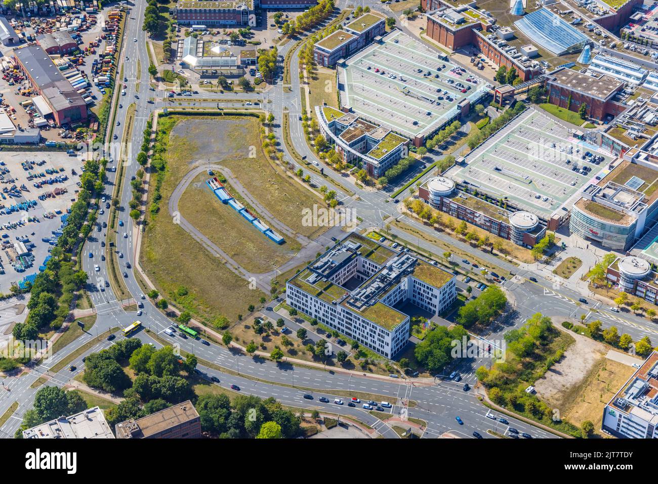 Aerial photo, Westfield Centro Oberhausen, Bilfinger Engineering and Technologies, parking lot, Borbeck, Oberhausen, Ruhr area, North Rhine-Westphalia Stock Photo