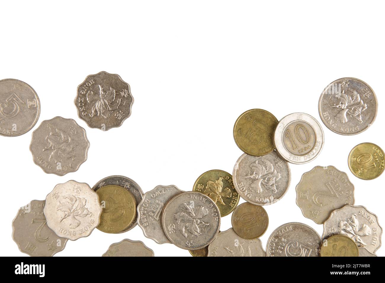 A Flat Lay background of British Coins isolated on a white background with copy space. Stock Photo