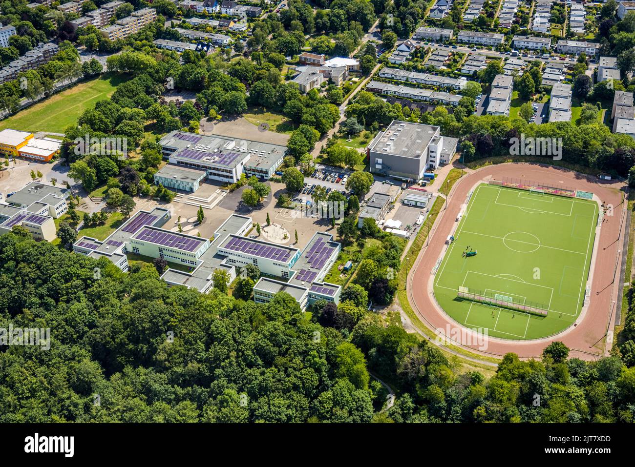 Aerial view, Geschwister-Scholl-Gymnasium, Städt. Gem.Grundschule Birth, Birther Sportpalast und Sportplatz, Velbert, Ruhrgebiet, Nordrhein-Westfalen, Stock Photo