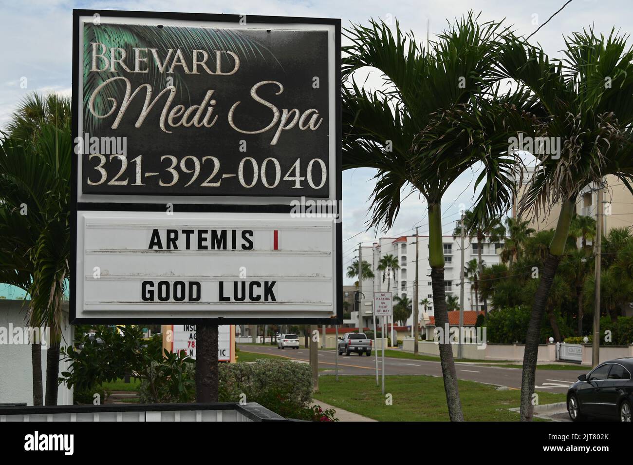 Cocoa Beach, USA. 28th Aug, 2022. Signs promote NASA's SLS rocket and