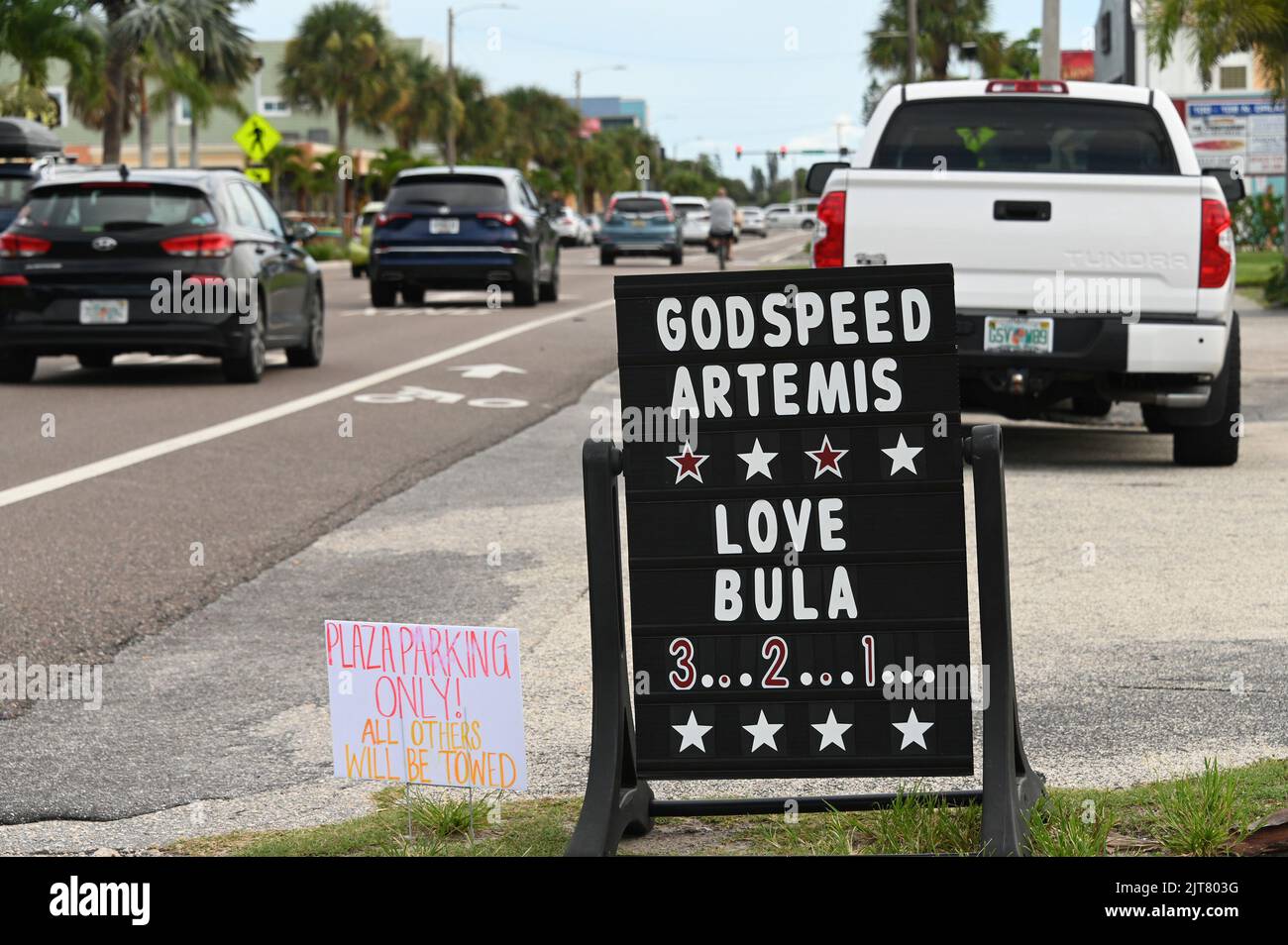 Cocoa Beach, USA. 26th Aug, 2022. Signs promote NASA's SLS rocket and