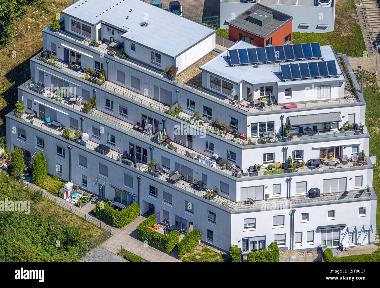 Aerial view, terraced houses with solar system, TheodorHeussStraße