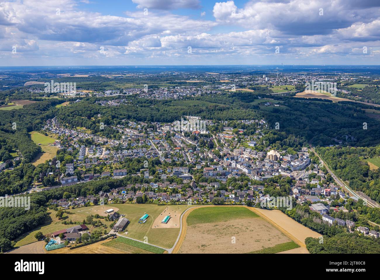 Aerial view, town view Neviges and Tönisheide, with forest area
