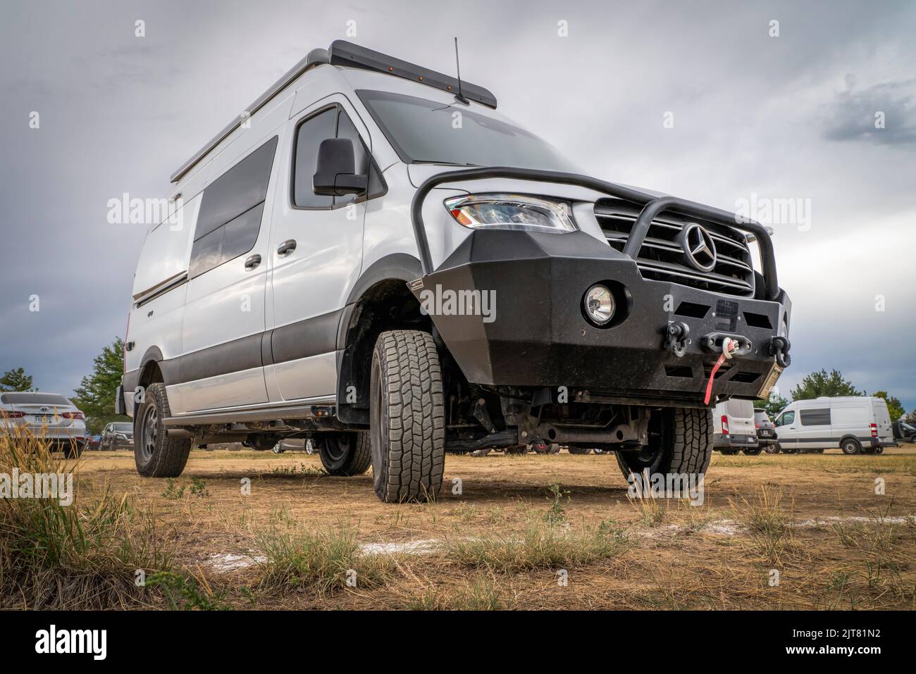 Loveland, CO, USA - August 26, 2022: 4x4 camper van on Mercedes Sprinter chassis with upgraded front bumper and winch for off-road overlanding. Stock Photo