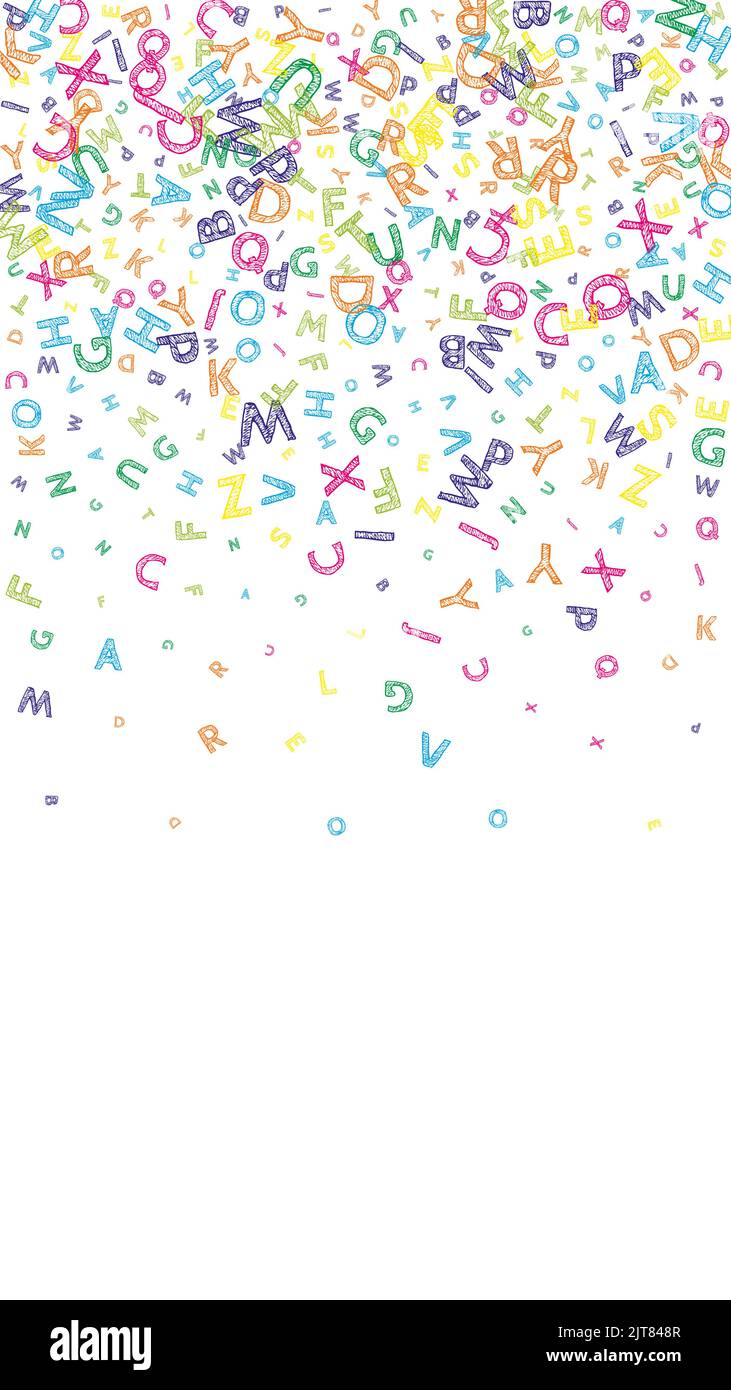 Falling letters of English language. Colorful messy sketch flying words ...