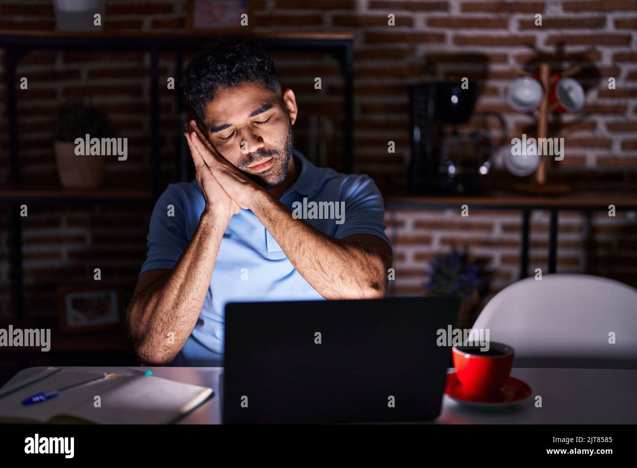 Hispanic Man With Beard Using Laptop At Night Sleeping Tired Dreaming 