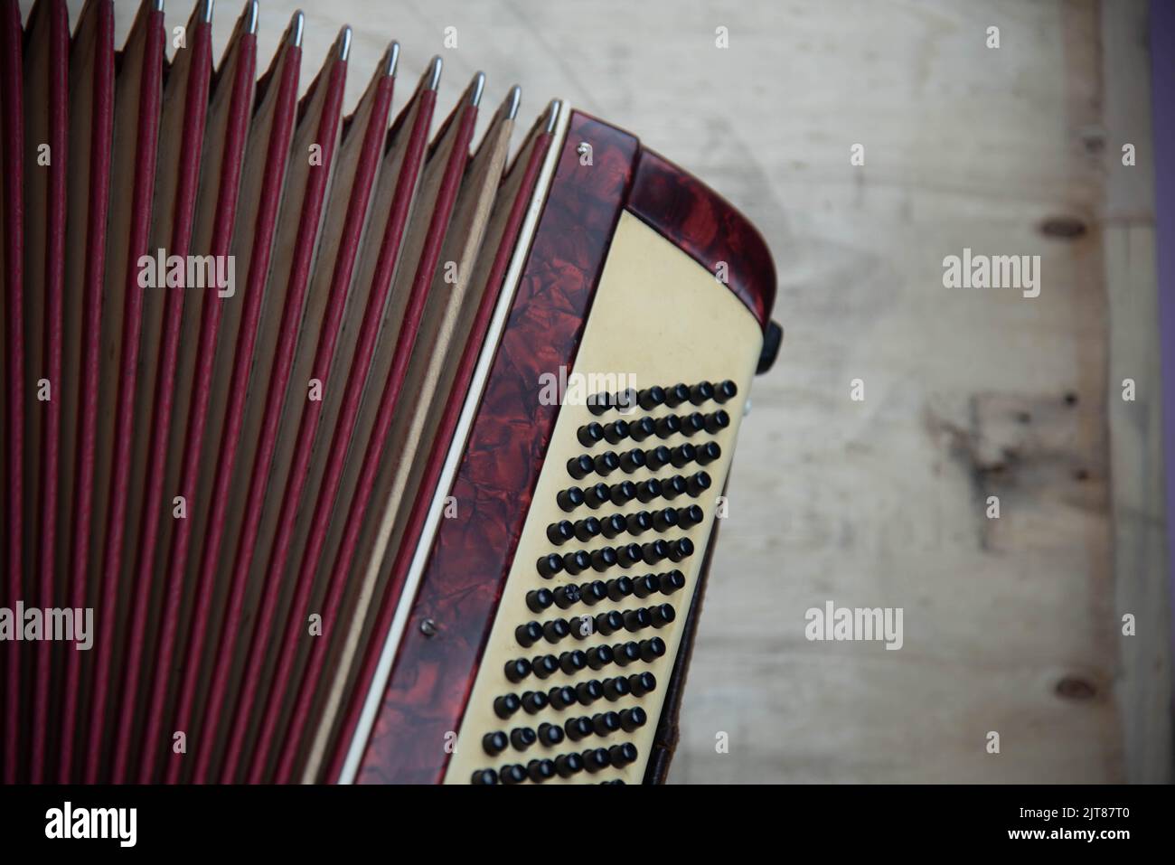 Old red accordion. Wind musical instrument. Old concertina. Musical