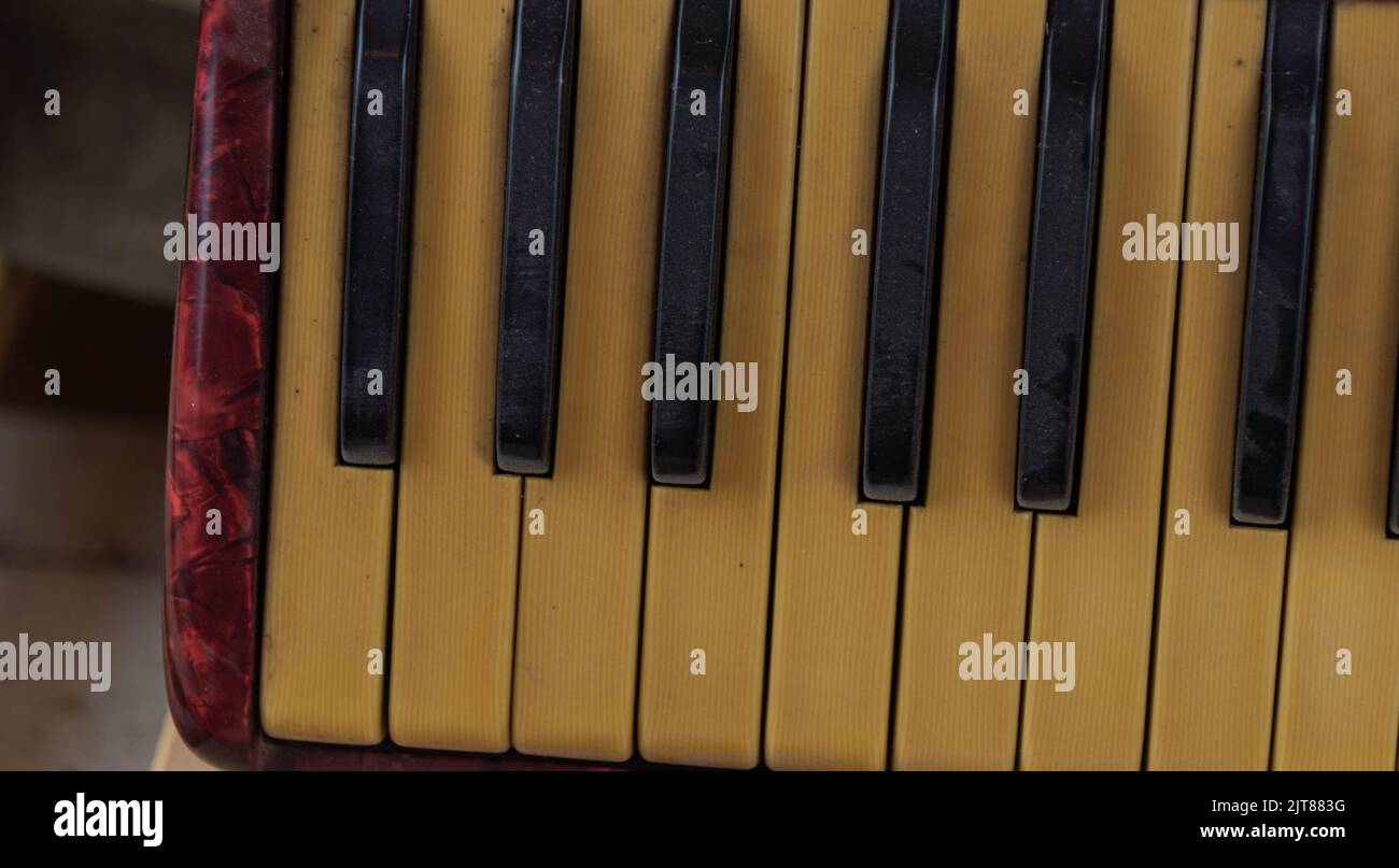 Old red accordion. Wind musical instrument. Old concertina. Musical