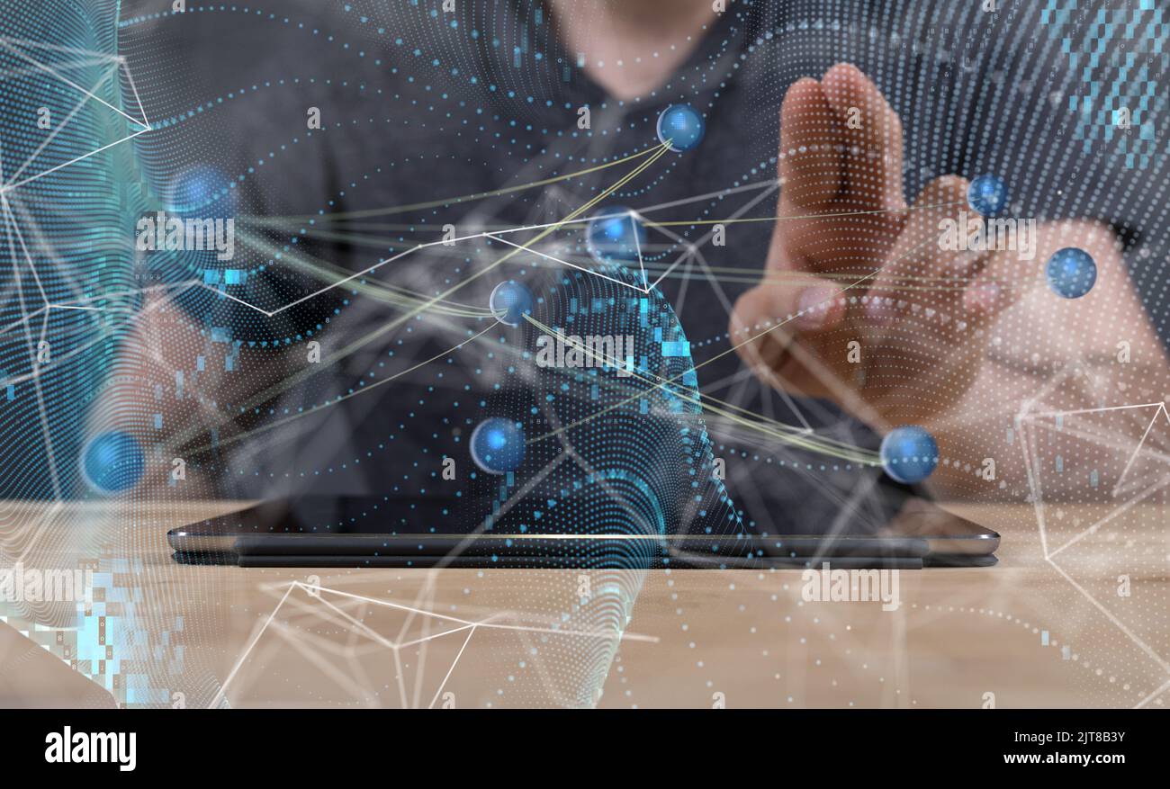 A man displaying an illustrative digital network graph - concept of ...