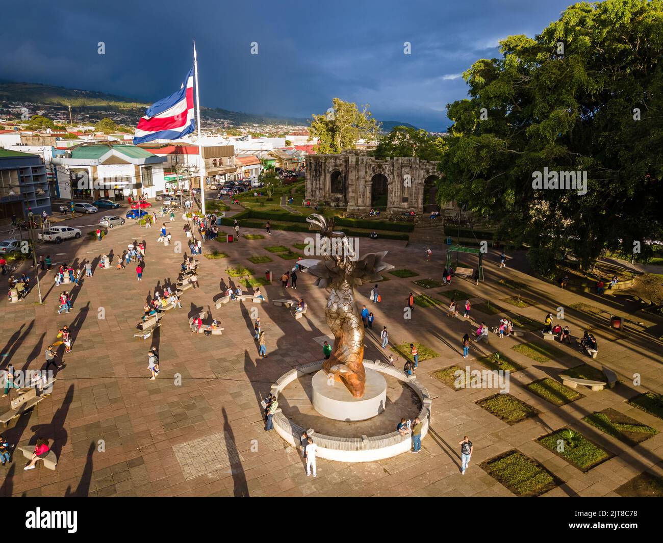 Beautiful aerial cinematic footage of the ruins, the CostaRican Flag, and the Bicentennial monument in Cartago Center  in Costa Rica Stock Photo