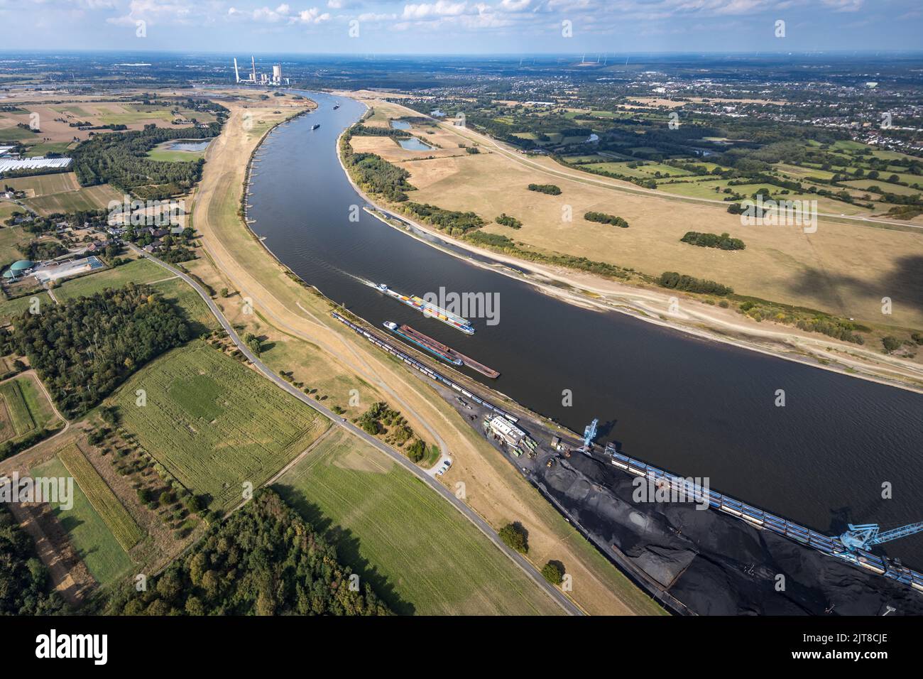 Aerial view, low water of the Rhine near Wesel, Orsoy, Rheinberg, Lower Rhine, North Rhine-Westphalia, Germany, DE, Europe, birds-eyes view, aerial ph Stock Photo