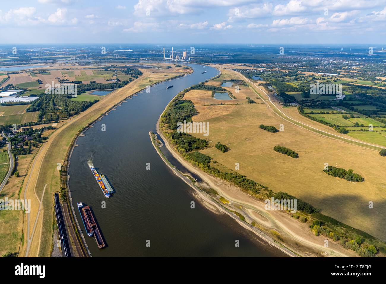 Aerial view, low water of the Rhine near Wesel, Orsoy, Rheinberg, Lower Rhine, North Rhine-Westphalia, Germany, DE, Europe, birds-eyes view, aerial ph Stock Photo