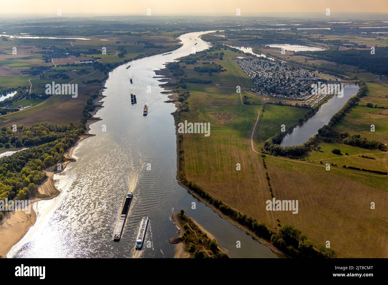 Aerial view, low water of the Rhine near Wesel, Feldmark, Wesel, Lower Rhine, North Rhine-Westphalia, Germany, DE, Europe, birds-eyes view, aerial pho Stock Photo