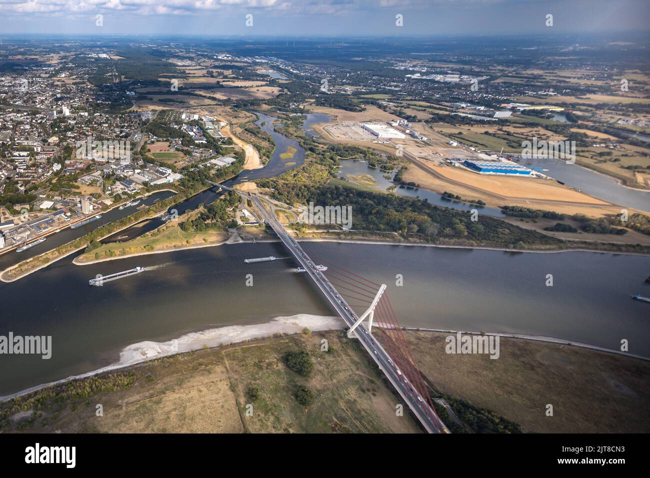 Aerial view, low water of the Rhine near Wesel, Büderich, Wesel, Lower Rhine, North Rhine-Westphalia, Germany, DE, Europe, birds-eyes view, aerial pho Stock Photo