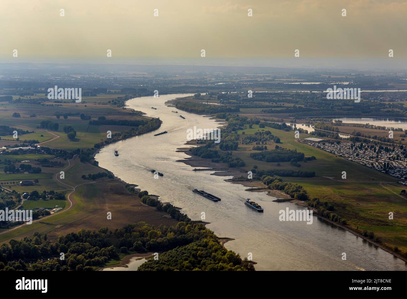 Aerial view, low water of the Rhine near Wesel, , Wesel, Lower Rhine, North Rhine-Westphalia, Germany, DE, Europe, birds-eyes view, aerial photography Stock Photo