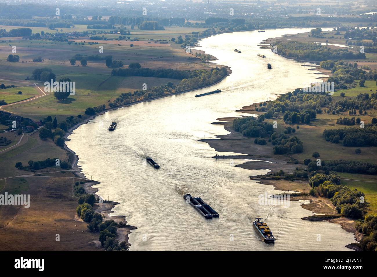 Aerial view, low water of the Rhine near Wesel, , Wesel, Lower Rhine, North Rhine-Westphalia, Germany, DE, Europe, birds-eyes view, aerial photography Stock Photo
