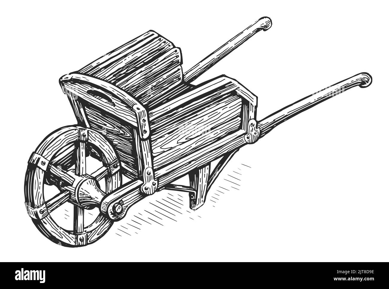 Garden wooden cart sketch. Old empty farm wheelbarrow. Agriculture, gardening concept. Vintage vector illustration Stock Vector