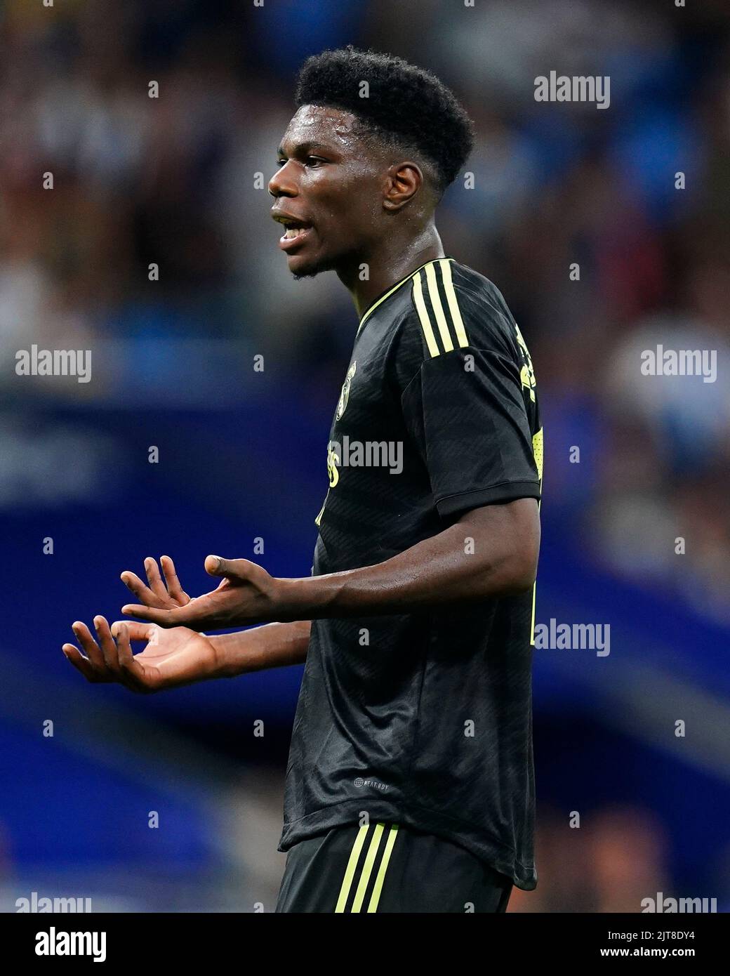 Barcelona, Spain. 28th Aug, 2022. Aurelien Tchouameni of Real Madrid during the La Liga match between RCD Espanyol and Real Madrid played at RCDE Stadium on August 28, 2022 in Barcelona, Spain. (Photo by Sergio Ruiz / PRESSIN) Credit: PRESSINPHOTO SPORTS AGENCY/Alamy Live News Stock Photo