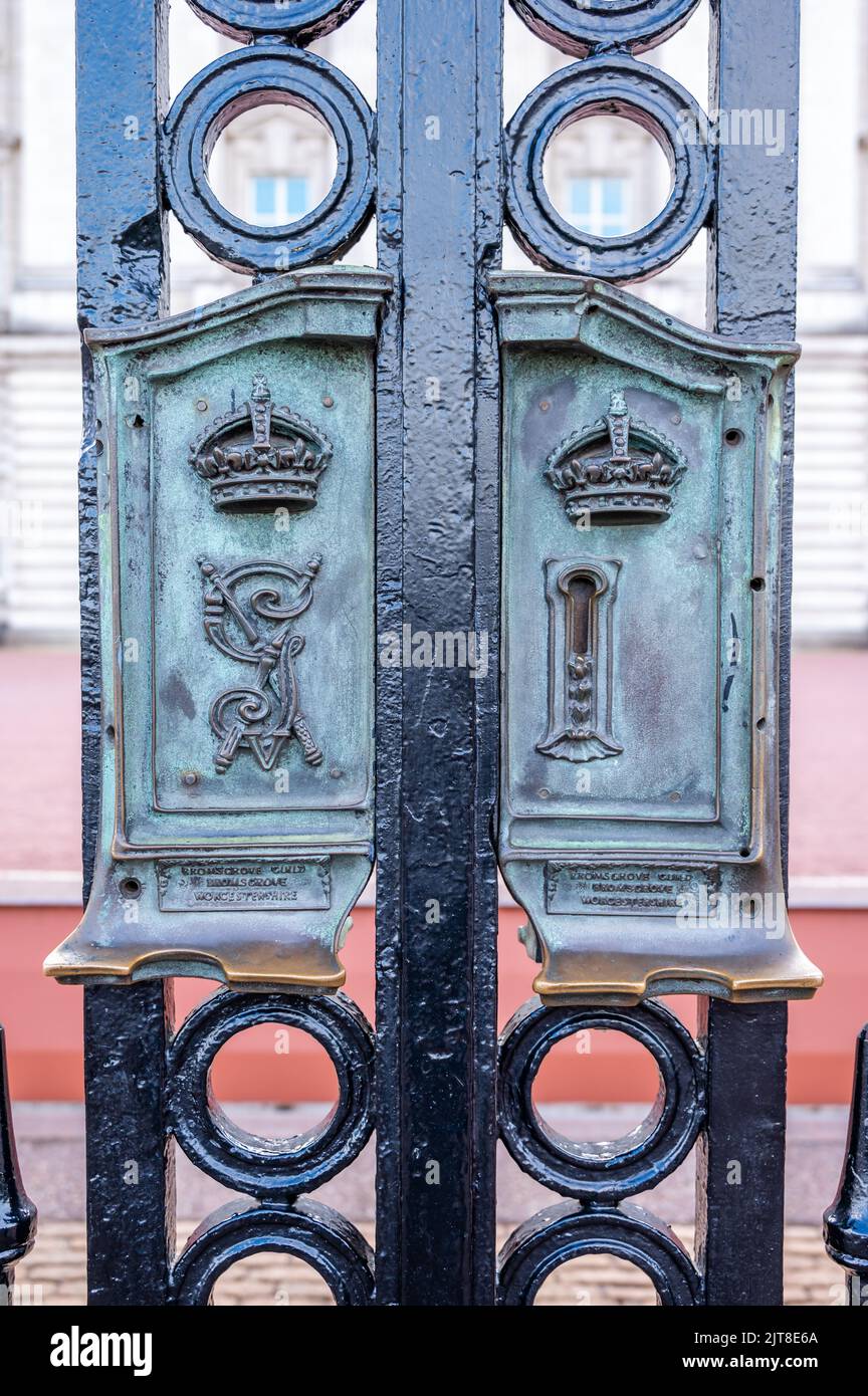 London, UK - August 24, 2022: The lock on the gates outside Buckingham Palace in London during summer. Stock Photo