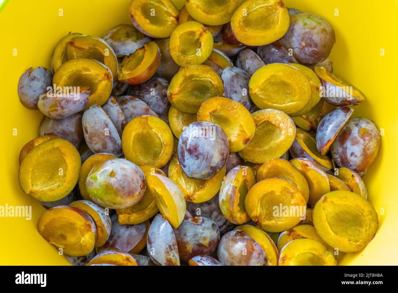 Plum halves background. Juicy pulp of plums texture. Farm organic