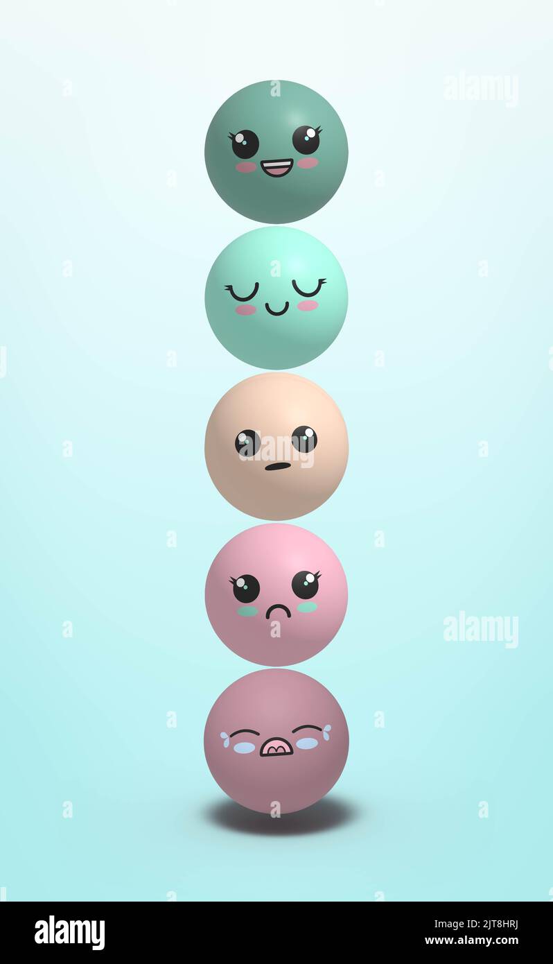 kawaii style emoji  or emoticon happy to sad emotion sale. 3D illustration Stock Photo