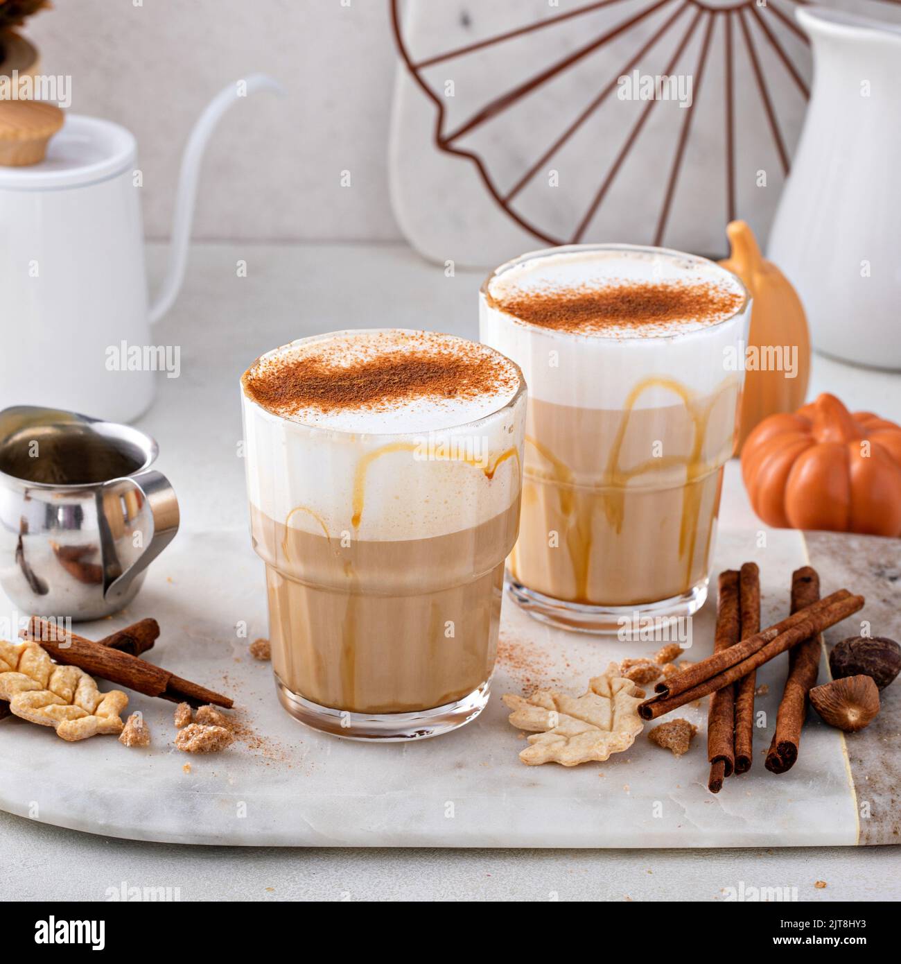Pumpkin spice latte topped with milk foam and dusted with cinnamon