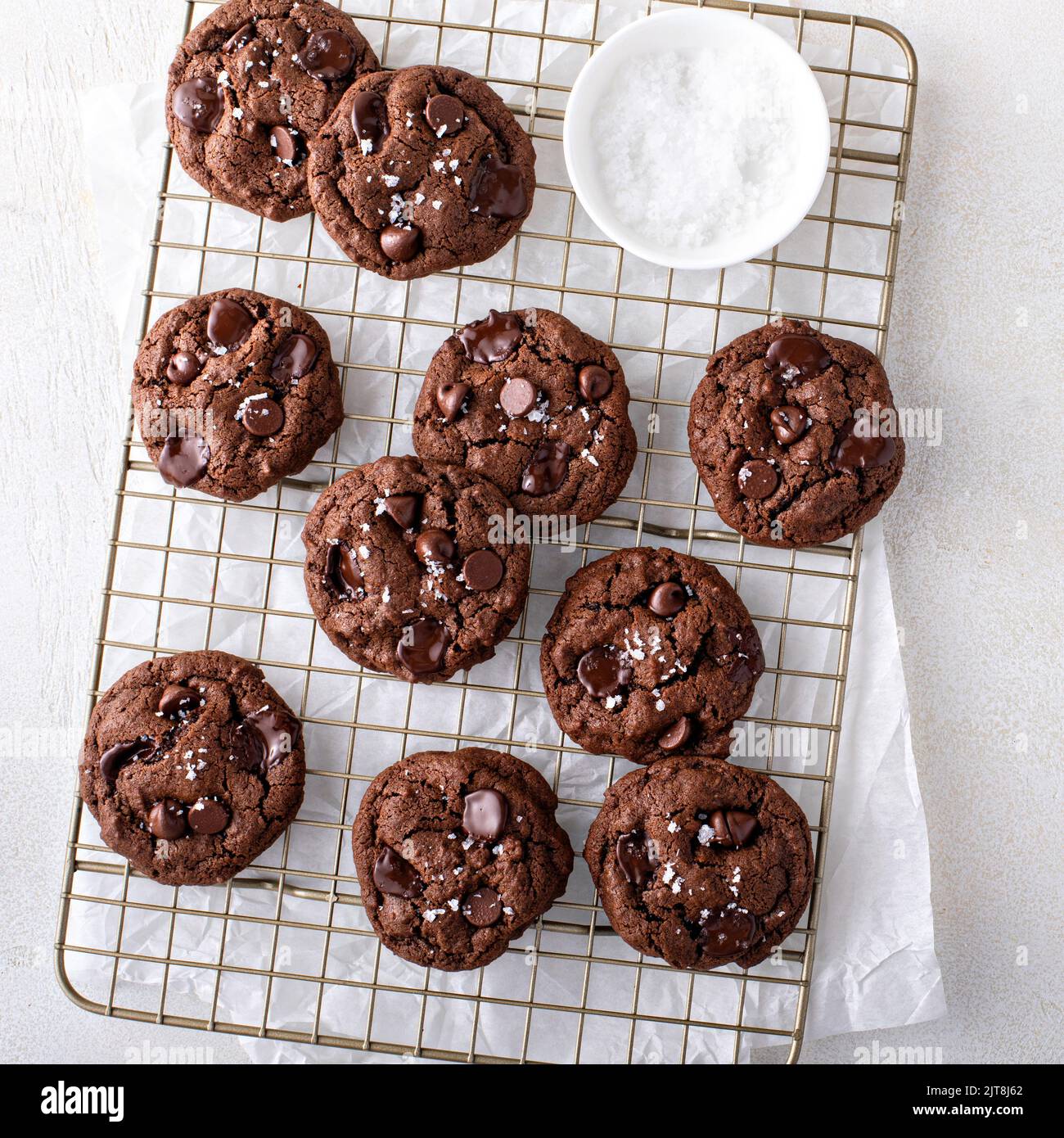 Double chocolate cookies with dark chocolate chips and salt flakes Stock Photo Alamy
