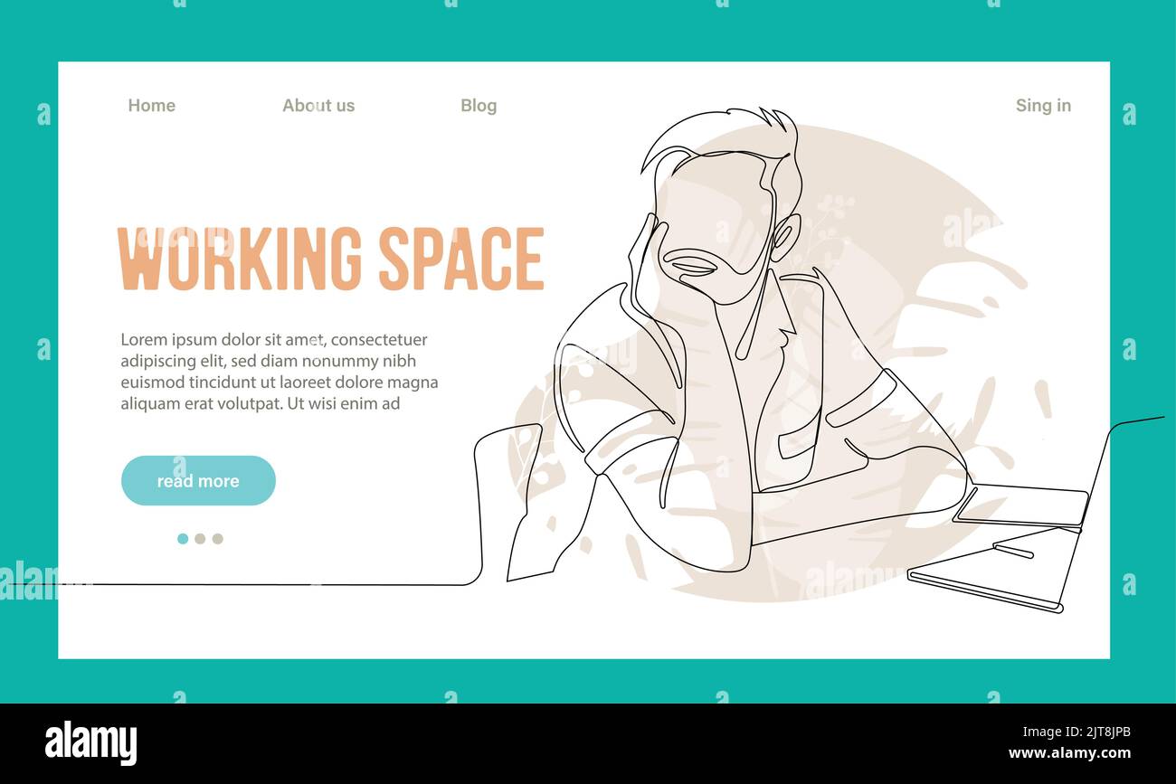 Coworking Space Landing Page Flat Cartoon Template. Freelancers Team Working Online on Laptop. Business People Sharing Open Workspace. Outline Vector Illustration Stock Vector