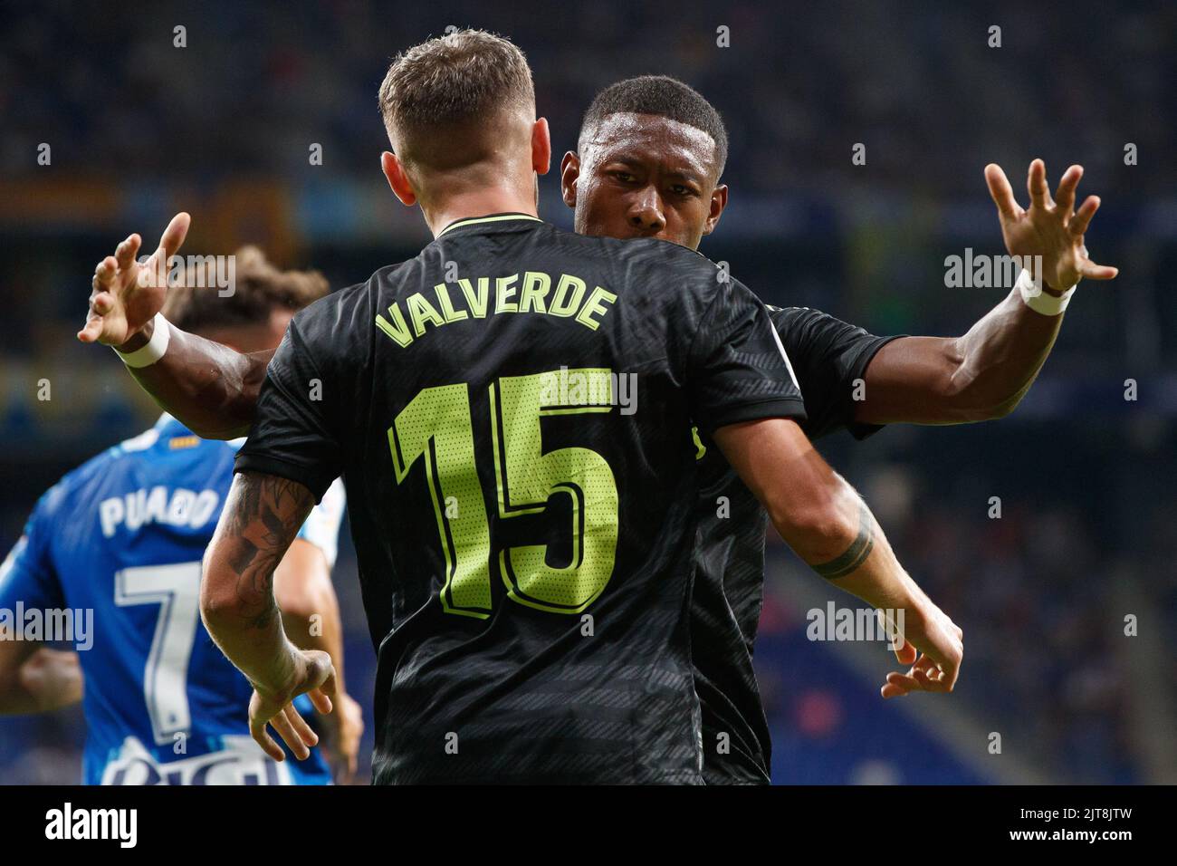 Barcelona, Spain. 28th Aug, 2022. David Alaba of Real Madrid with Federico Valverde of Real Madrid during the La Liga match between RCD Espanyol and Real Madrid at RCDE Stadium in Barcelona, Spain. Credit: DAX Images/Alamy Live News Stock Photo