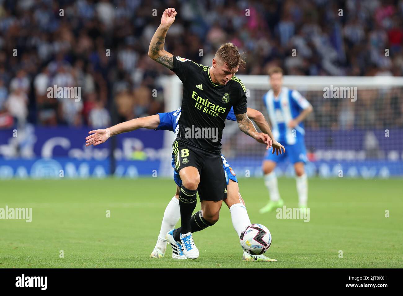 Barcelona, Spain. 28th Aug, 2022. Toni Kroos of Real Madrid in action during the La Liga match between RCD Espanyol and Real Madrid at RCDE Stadium in Barcelona, Spain. Credit: DAX Images/Alamy Live News Stock Photo