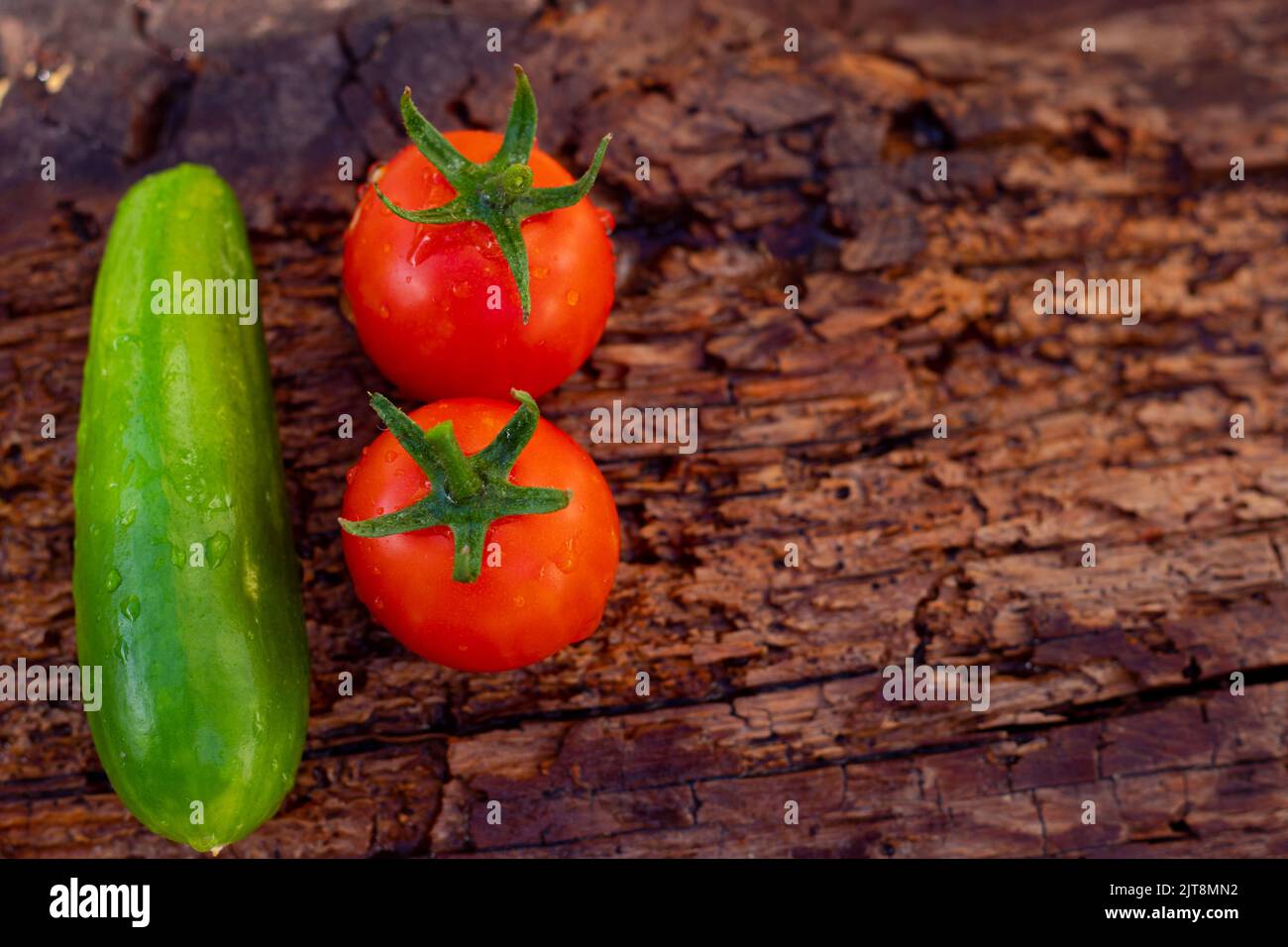 Vegetables on wooden background. tomatoes and salad. wet vegetables. taken from the top. copy space.selective focus. Stock Photo