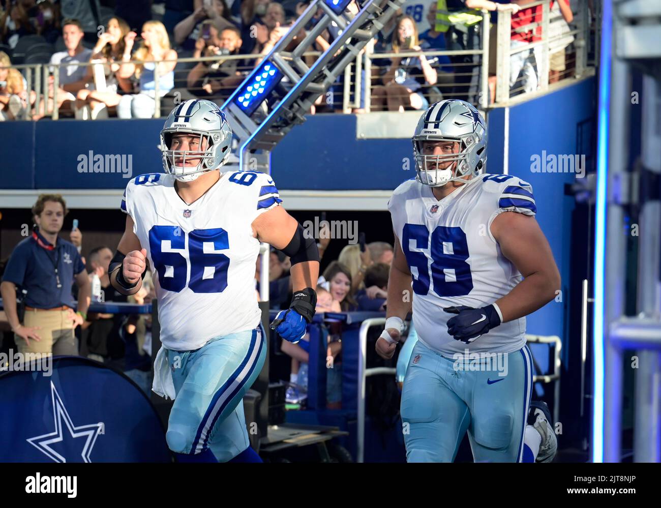 Dallas Cowboys' Matt Farniok (68) and Brett Maher (19) celebrate after  Maher kicked a field goal in the first half of a NFL football game against  the Washington Commanders in Arlington, Texas